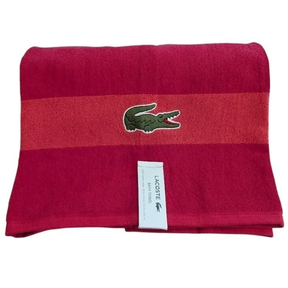 Lacoste Bath Towel Red 30x52 Large Crocodile Logo 100% Cotton w/ Hanging Loop